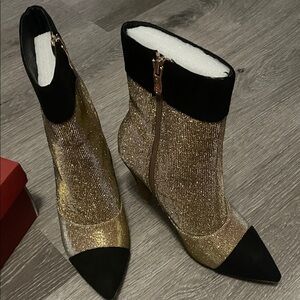 Women’s Elegant Gold Glitter and Black Faux Velvet Ankle Boots